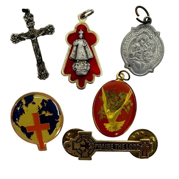 Lot of Religious Pendants & Pins: Cross, Infant Jesus, Angel/Joseph Medallion - Picture 1 of 16